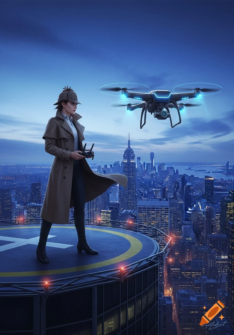 Female detective in trench coat and Sherlock hat pilots a drone from a helipad over a sprawling futuristic city at dusk, photorealistic.