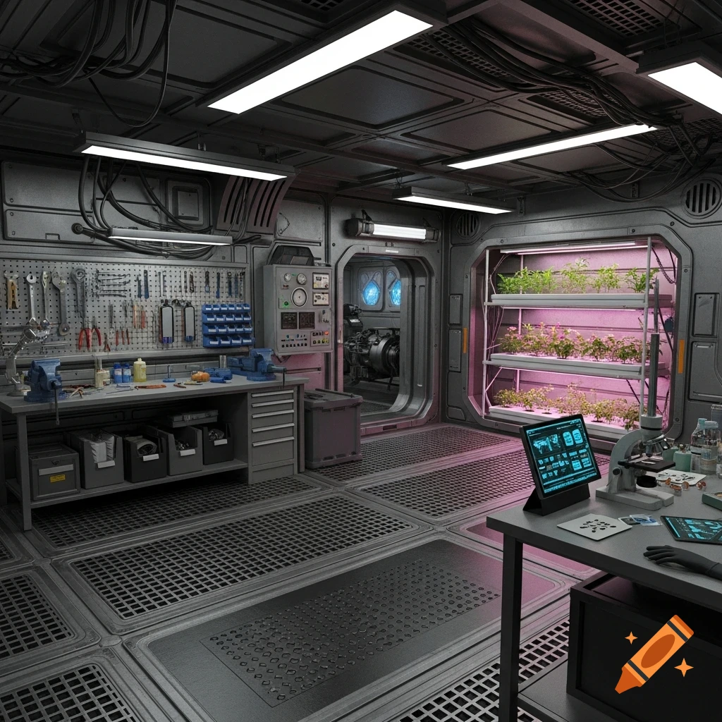 A detailed view inside a futuristic sci-fi workshop and hydroponic lab with a workbench, tools, computers, and glowing plants.