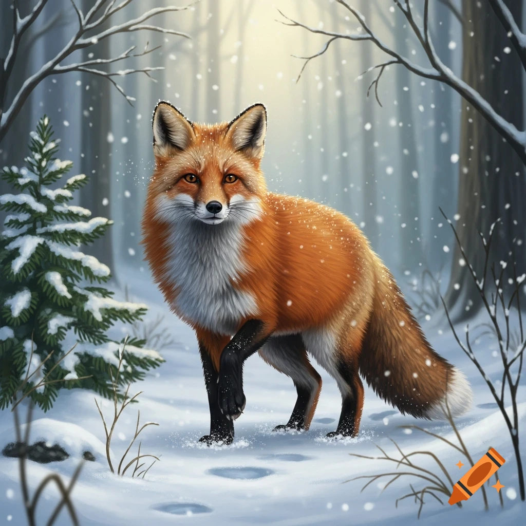 A vivid red fox stands in a snowy forest, snow falling gently around it, with sunlight filtering through the bare trees.