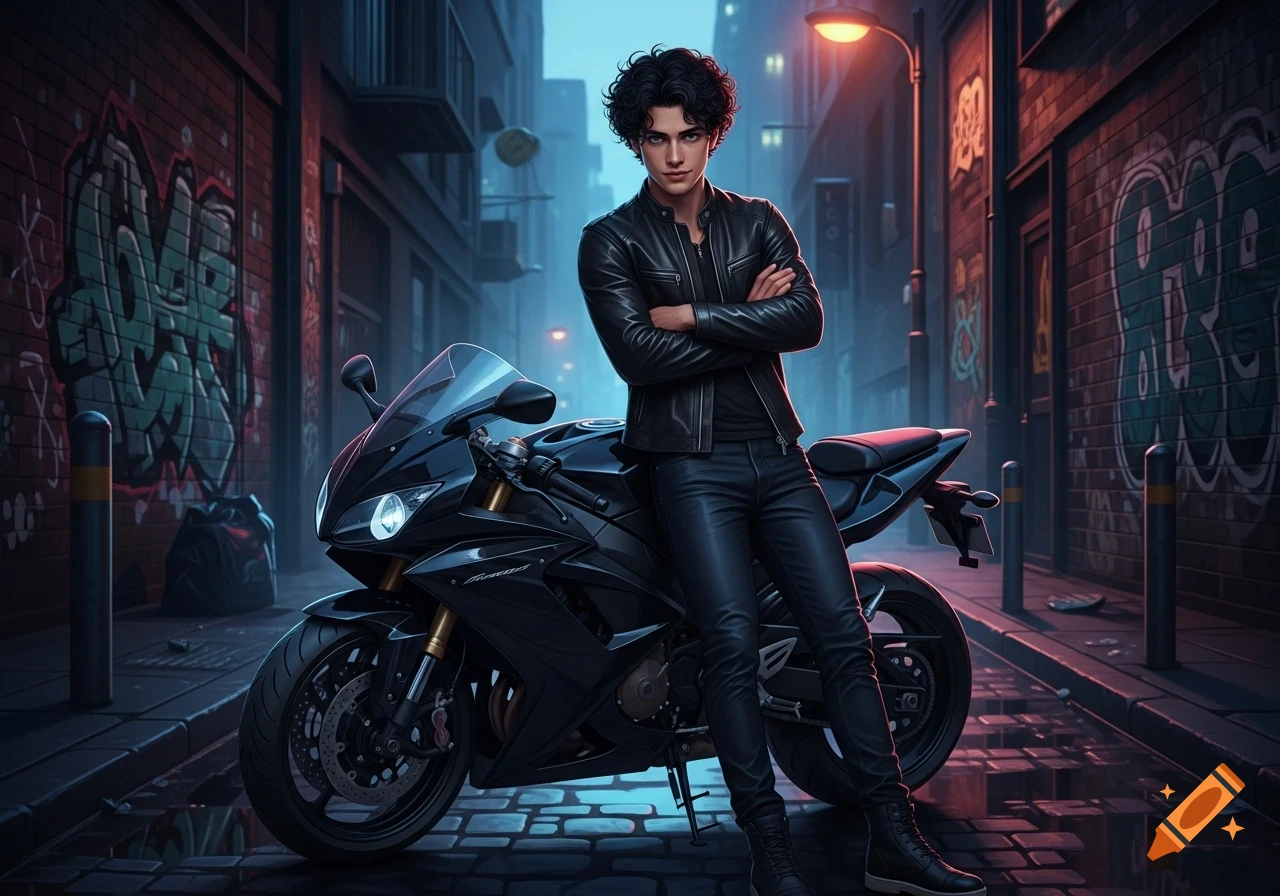 Young man with curly hair in a leather jacket leaning on a black motorcycle in a moody urban alley with graffiti.