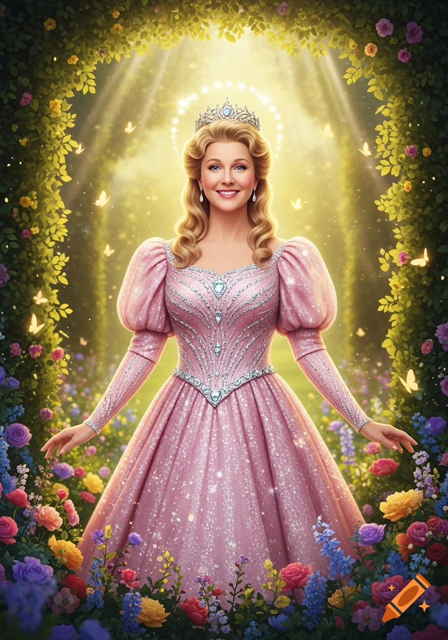 A smiling woman in a sparkling pink gown and crown stands in a vibrant, sunlit garden archway surrounded by flowers and butterflies.