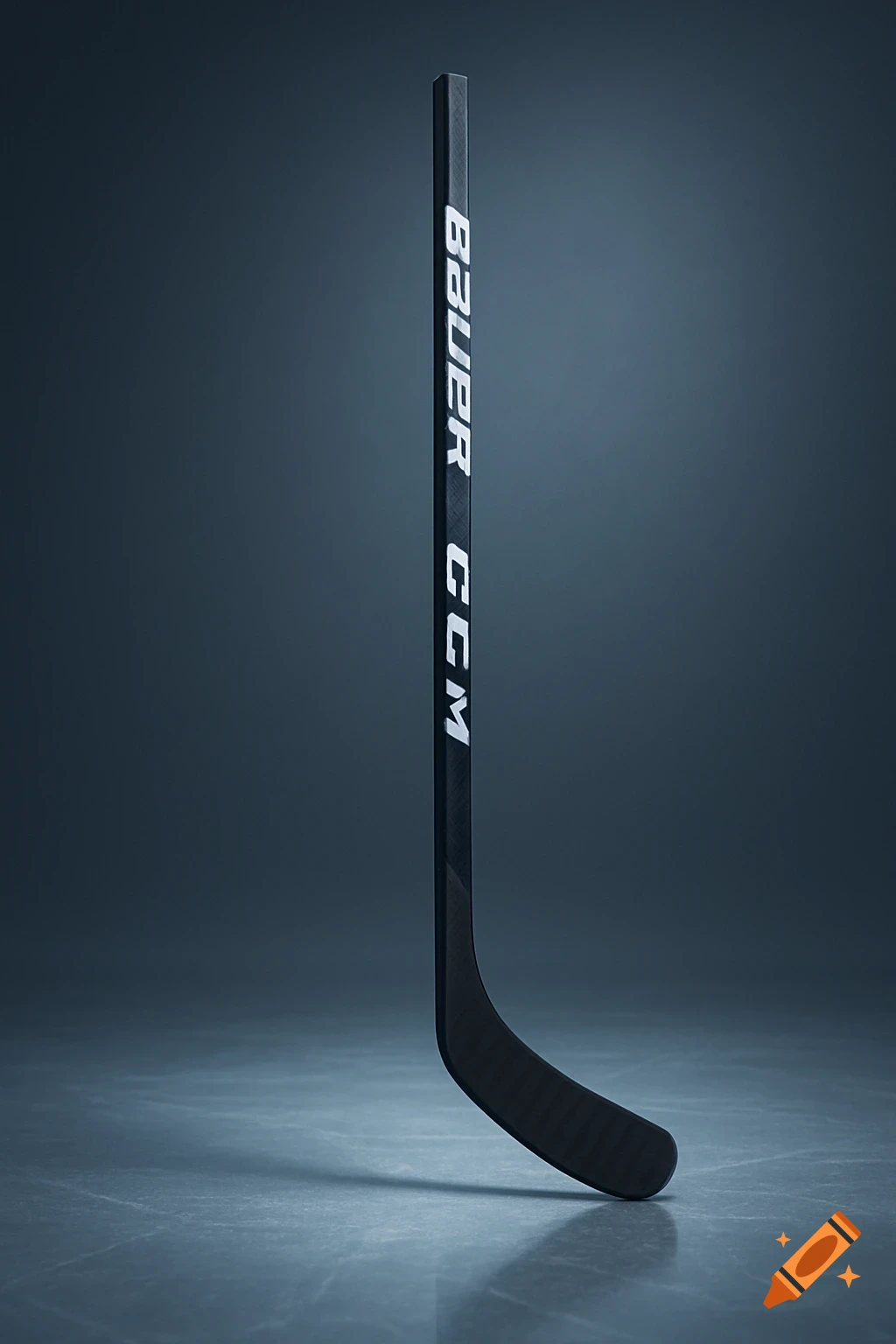 A black Bauer and CCM branded ice hockey stick stands upright on a textured grey surface.