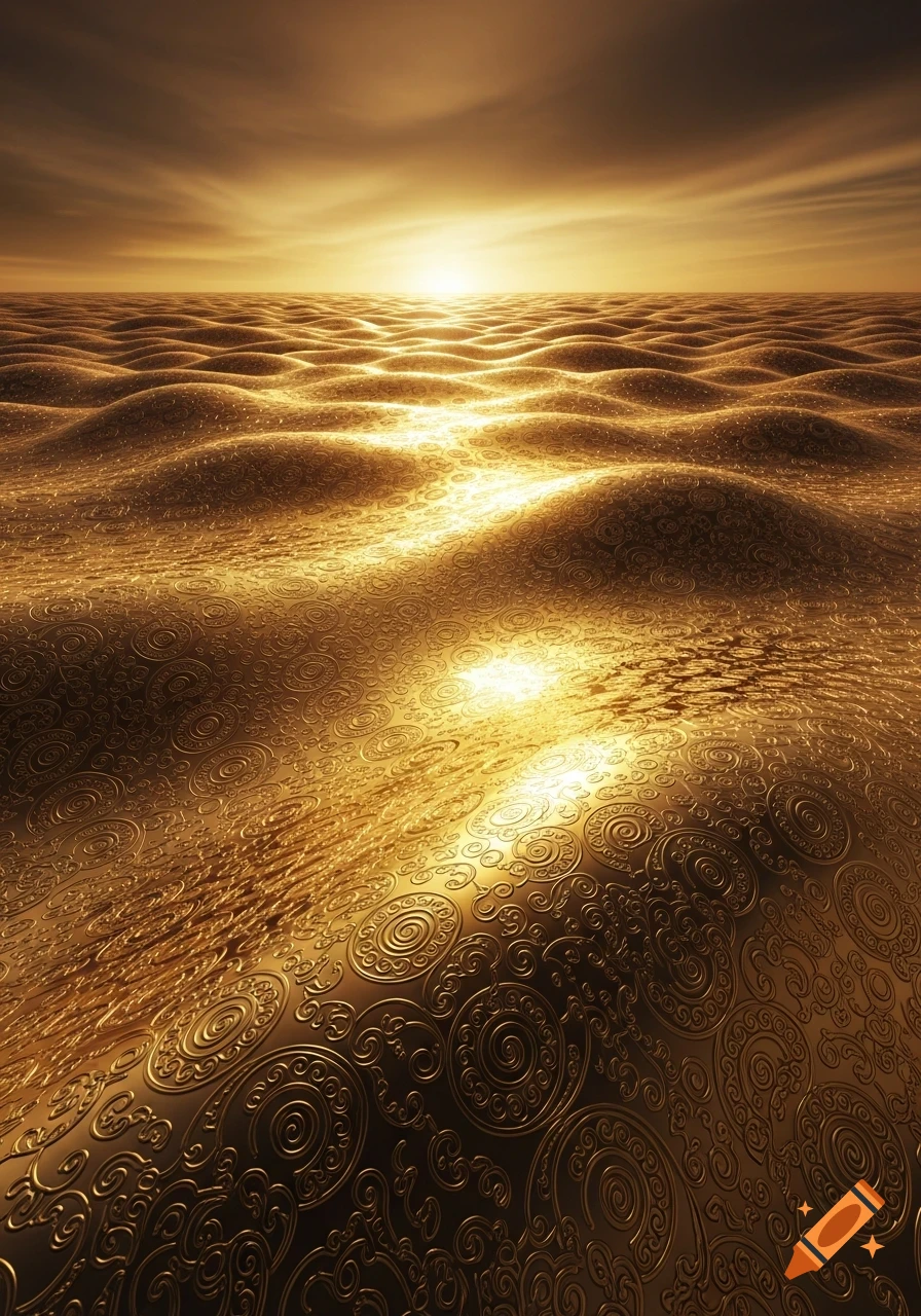 A golden landscape with undulating, decorative patterned surfaces reflecting a bright sunset.