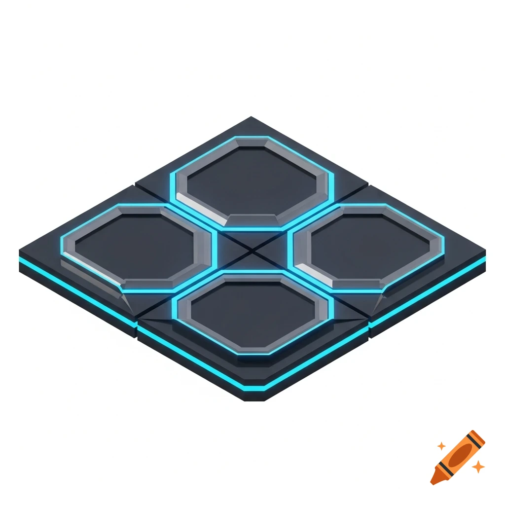 An isometric low-poly sci-fi metal floor tile with neon blue edges and four hexagonal sections.