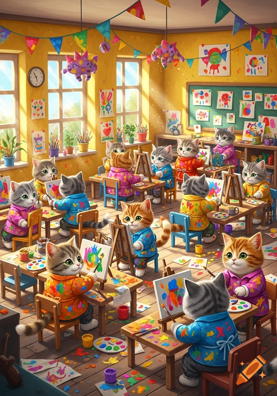 Numerous cute cartoon cats in colorful paint smocks paint at easels in a lively, sunlit kindergarten art classroom filled with colorful drawings.