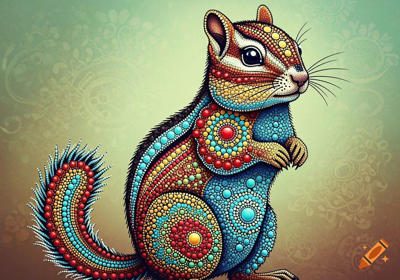 A vibrantly colored chipmunk made of dots in a mandala art style, looking right on a patterned background.