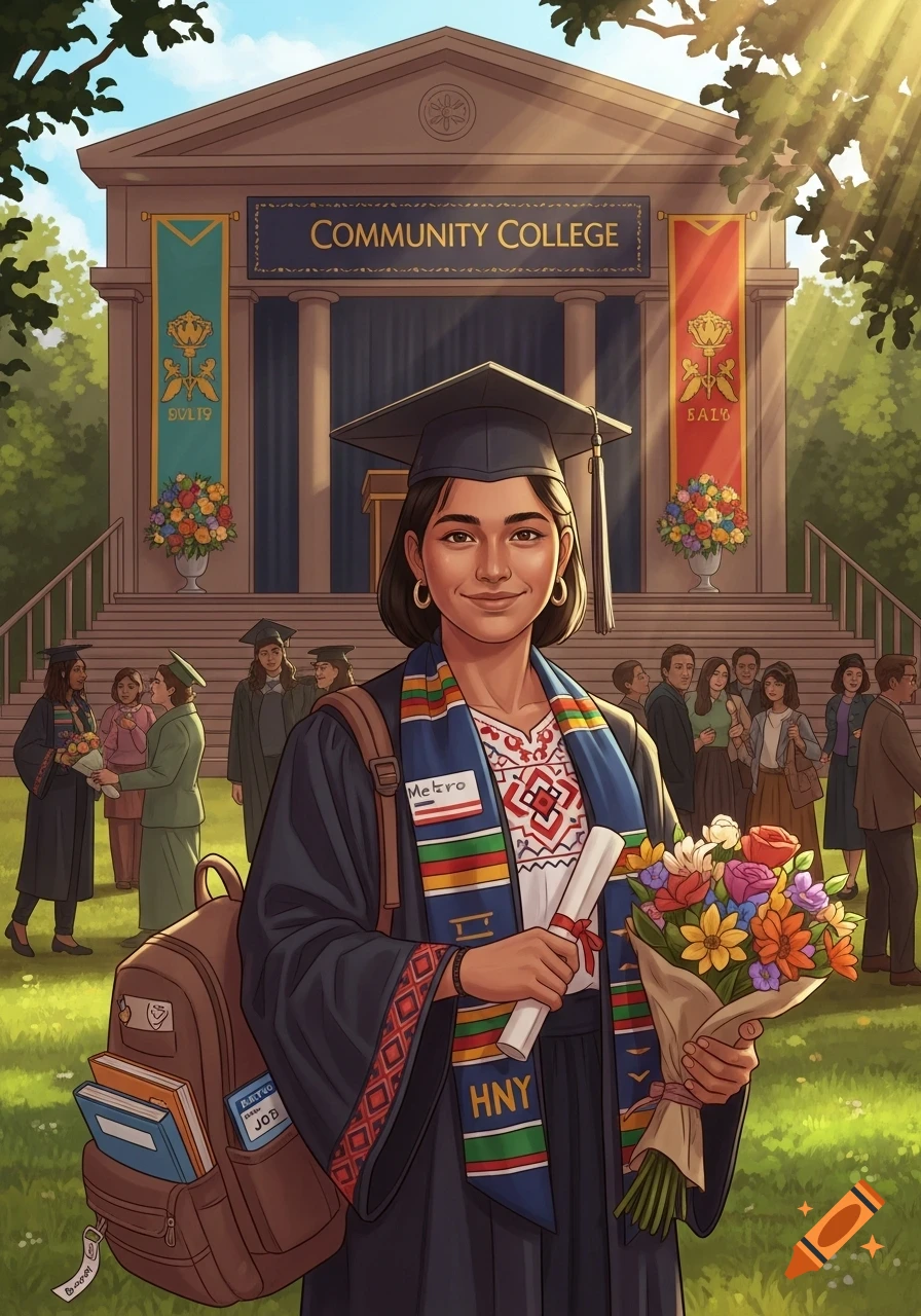 An illustration of a diverse community college student in a graduation gown, holding a diploma and flowers, standing proudly in front of a college building on graduation day.