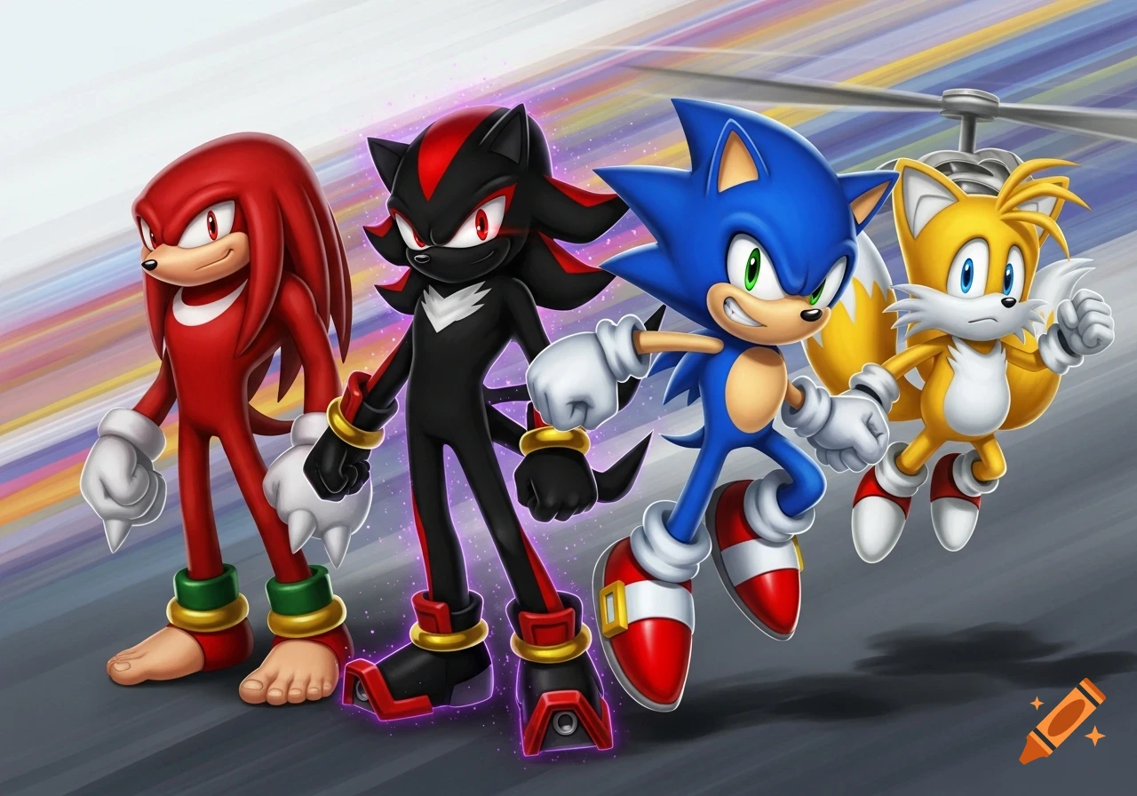 Knuckles, Shadow, Sonic, and Tails from Sonic the Hedgehog stand side-by-side with a blurry, colorful background.