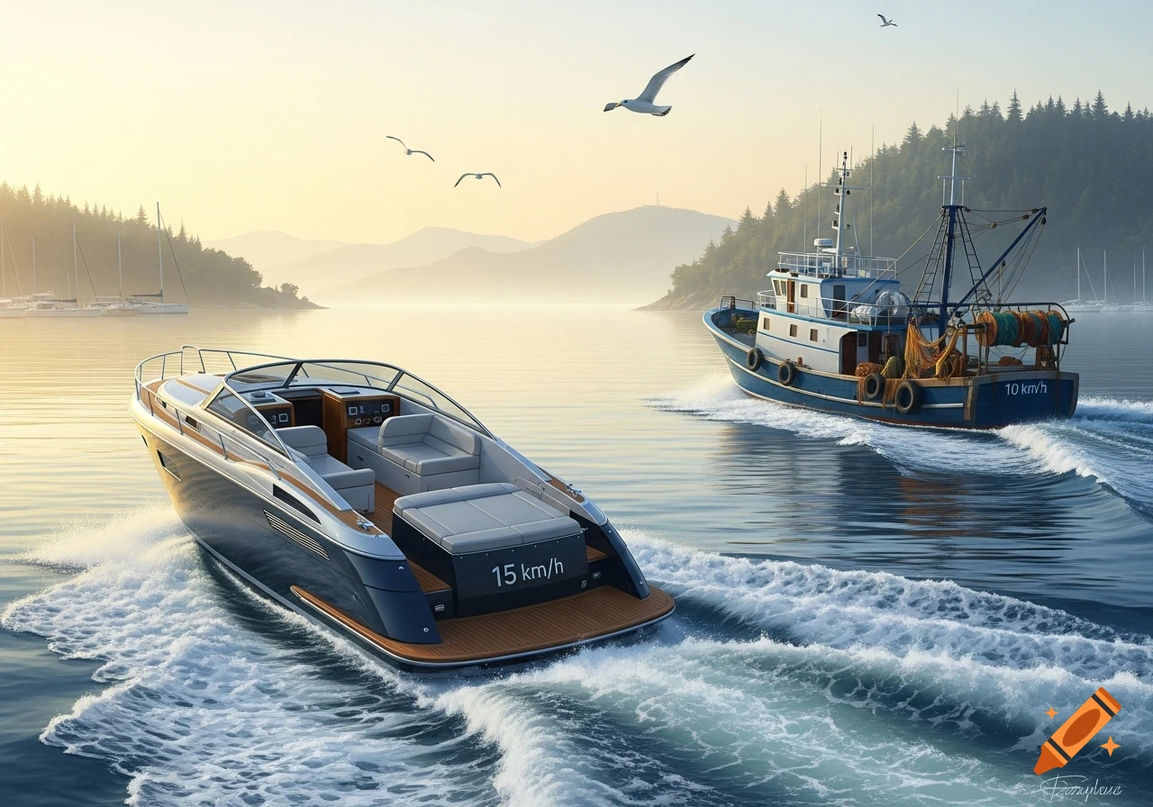 A sleek motorboat at 15 km/h and a fishing boat at 10 km/h move on calm water, with misty forested mountains at sunrise.