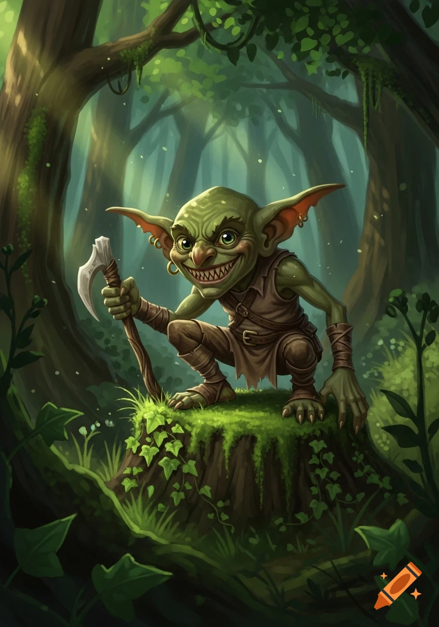 A cartoonish green goblin with a wide grin and sharp teeth, holding a small axe, squats on a mossy tree stump in a lush forest.