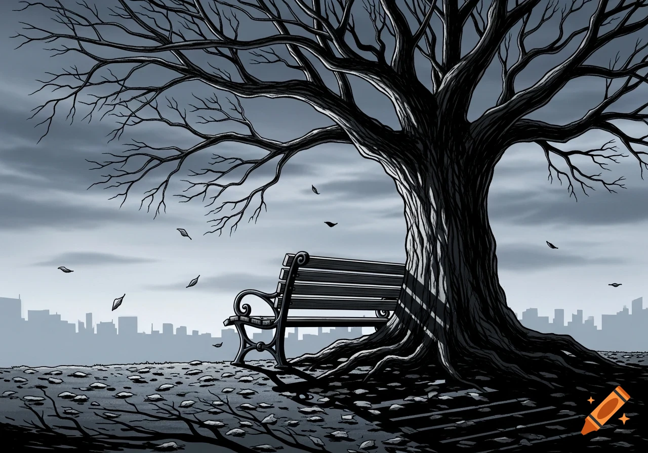 Graphic novel style illustration of a bare tree and a park bench with a city skyline under a gloomy sky.