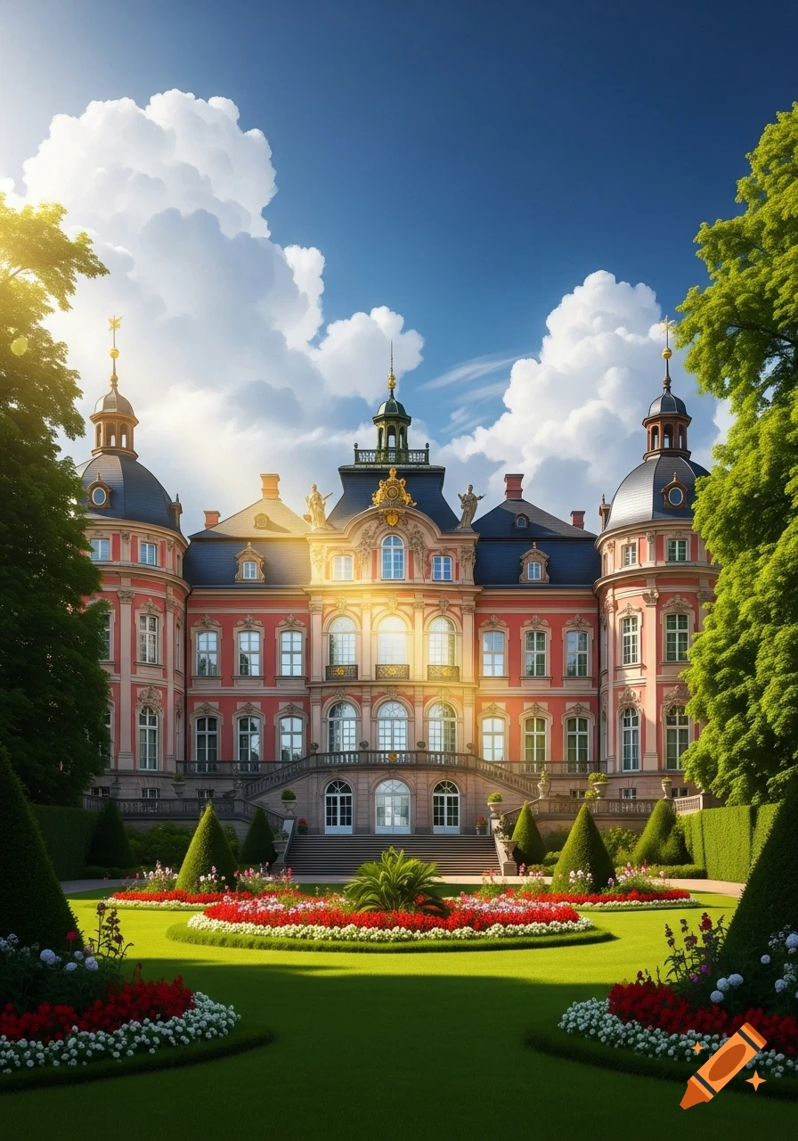 A majestic red palace with turrets, grand staircase, manicured gardens, and colorful flower beds under a sunny blue sky.
