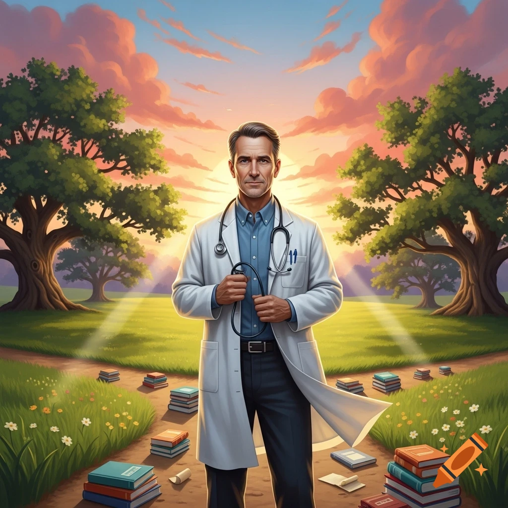 A male doctor in a white lab coat stands on a path lined with books in a vibrant field with trees and a sunset sky.