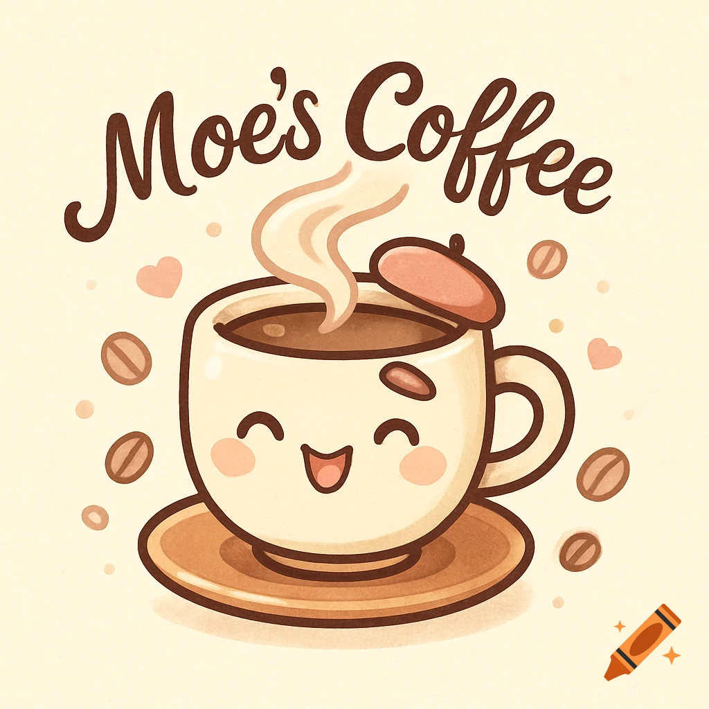 Kawaii cartoon logo of a happy coffee cup, steaming, wearing a beret, surrounded by coffee beans and hearts, with 'Moe's Coffee' text.