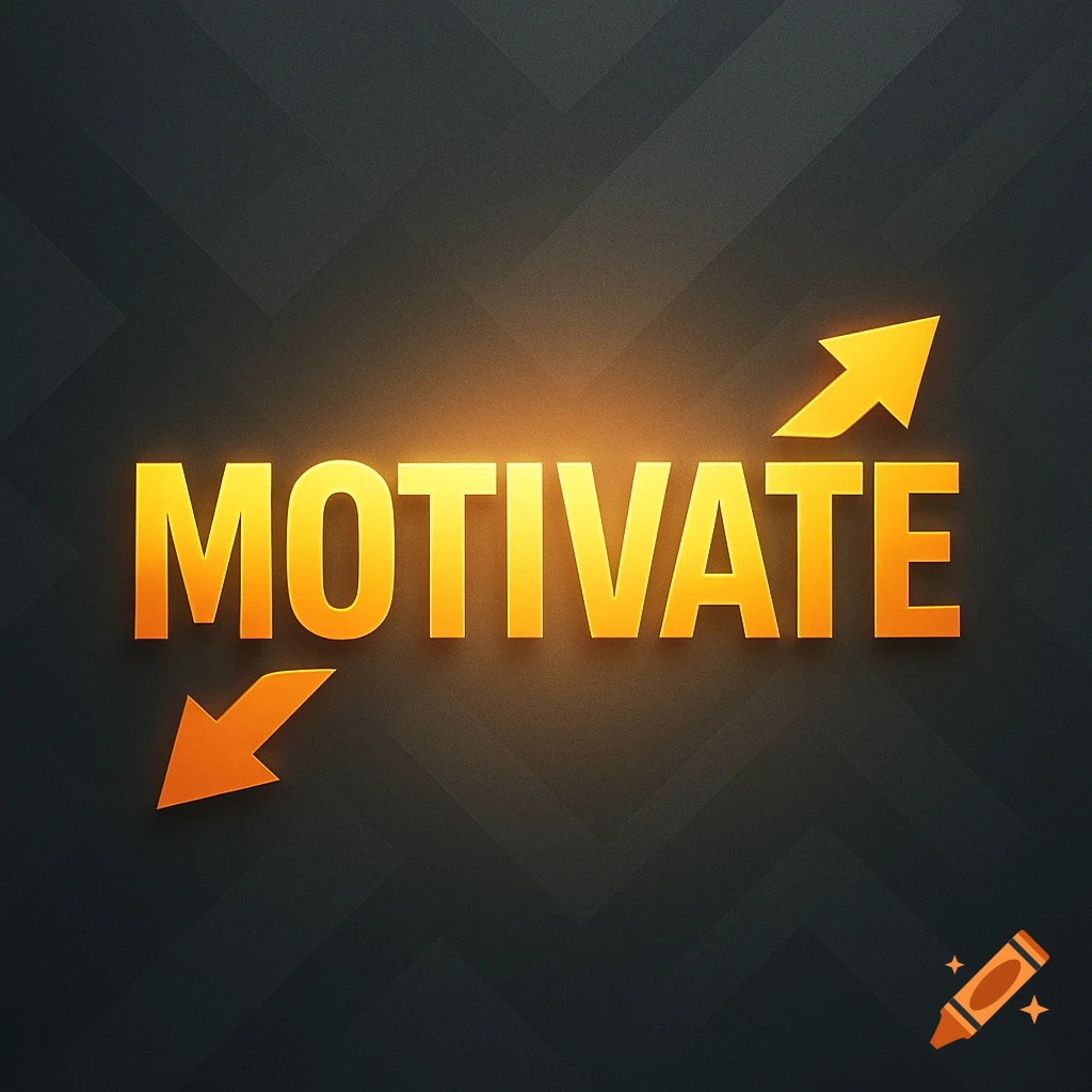 Bold orange glowing 'MOTIVATE' text with two arrows on a dark grey textured background.