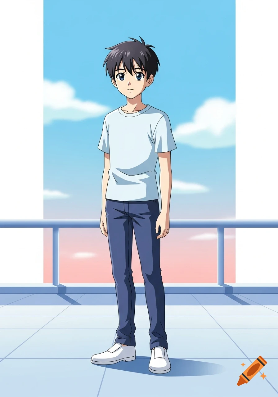 An anime boy with dark hair and blue eyes stands on a rooftop, wearing a light blue t-shirt, blue pants, and white shoes, against a blue sky.