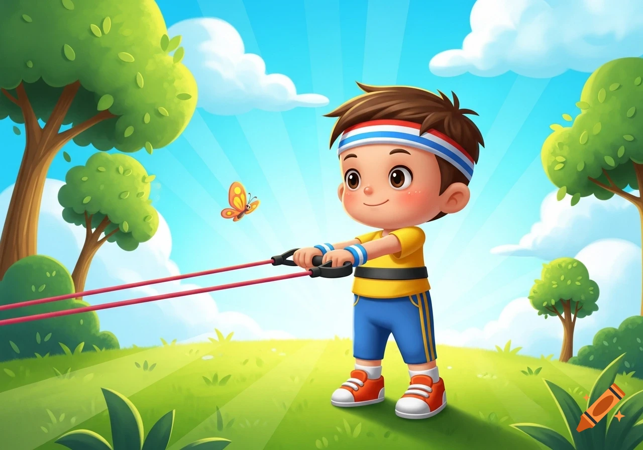 A happy cartoon boy in a headband and athletic clothes exercises with a red resistance band outdoors on a sunny grassy hill with trees and a butterfly.