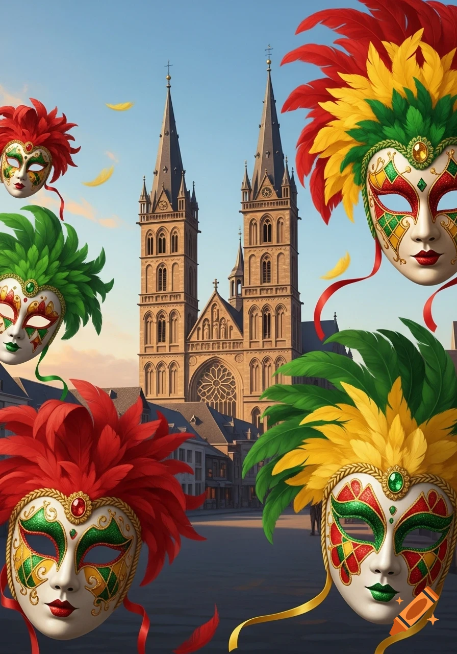 Colorful red, yellow, and green carnival masks float against a clear sky with the historic Maastricht Basilica in the background.
