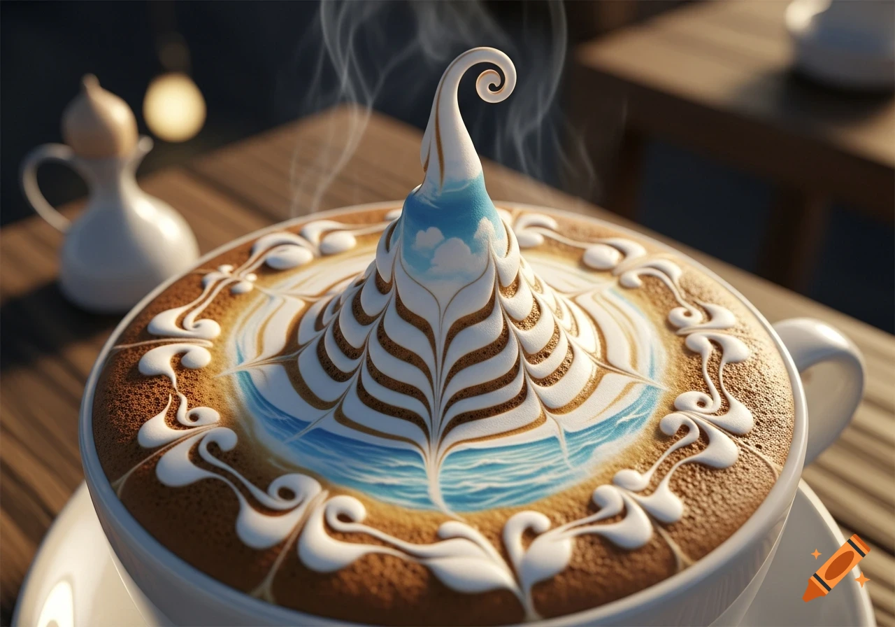 Close-up of intricate 3D latte art in a coffee cup, forming a peak with a blue sky and ocean waves, surrounded by white patterns.