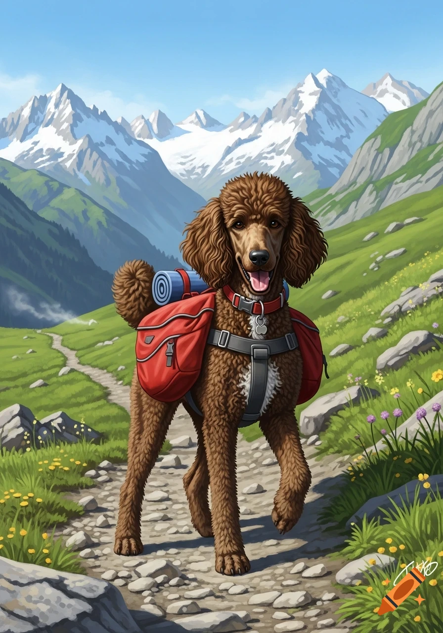 A standard poodle wearing a red backpack hikes on a rocky mountain path with snowy peaks in the background, in a stylized illustration.