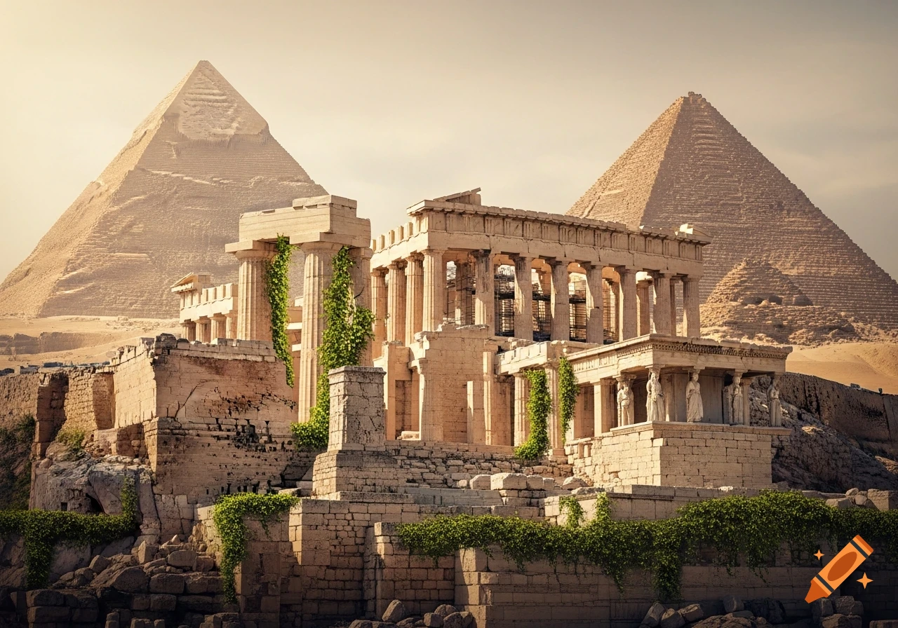 A blend of ancient wonders, with the heavily ruined and vine-covered Acropolis of Athens in the foreground and the Pyramids of Giza in the desert background under a hazy sky.