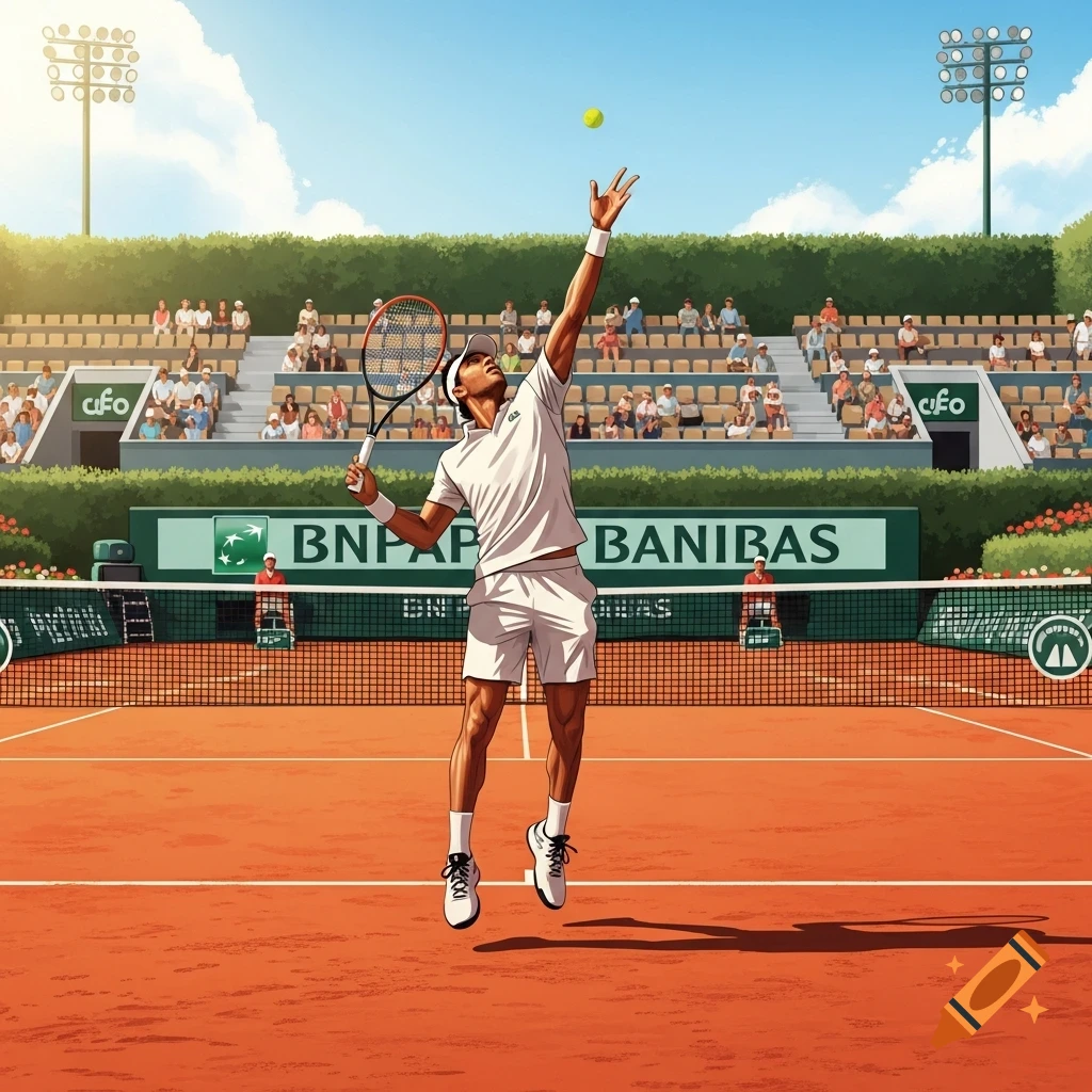 An illustrated tennis player mid-air, serving on a clay court during a sunny day in a stadium.