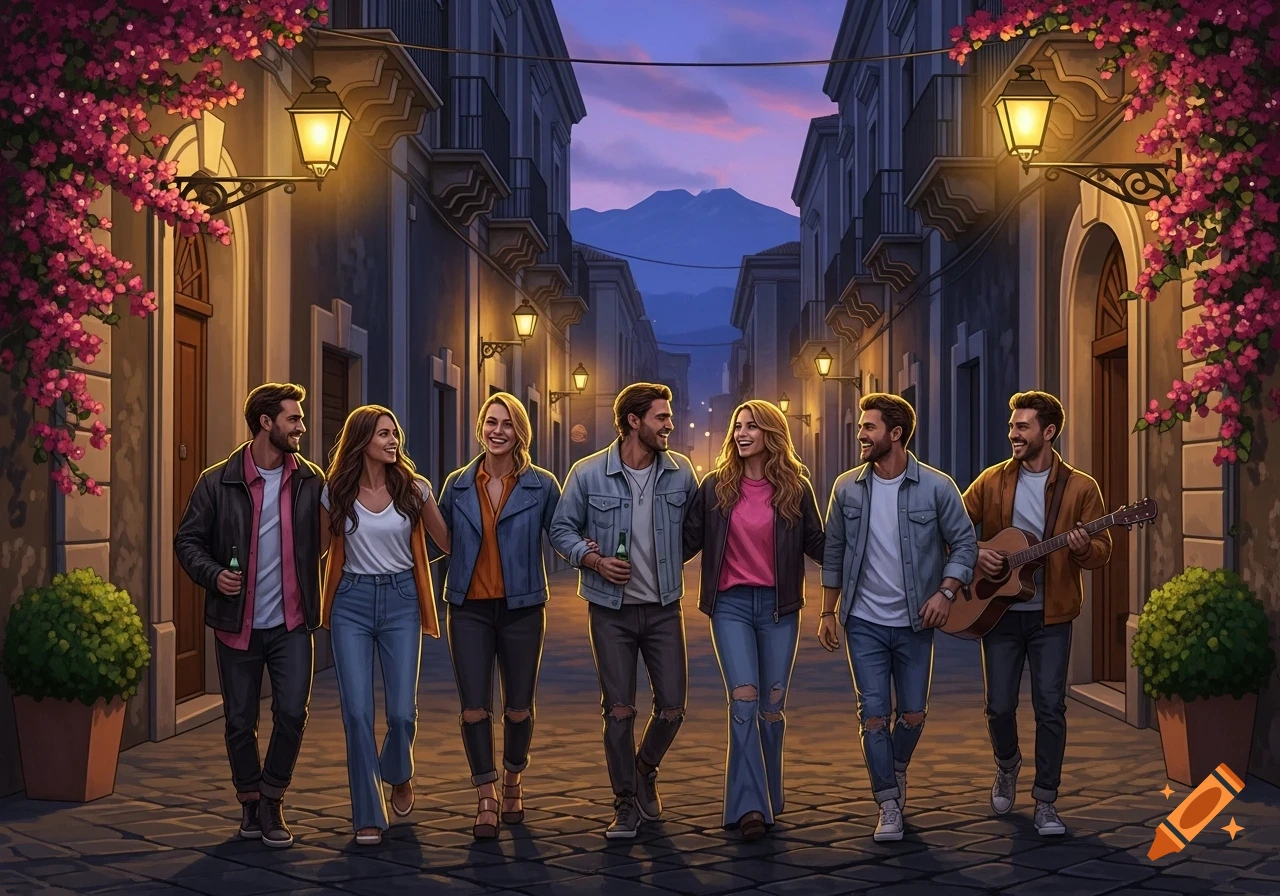 A group of friends walk down a cobblestone street at dusk, lined with buildings and pink bougainvillea, with one man playing guitar.