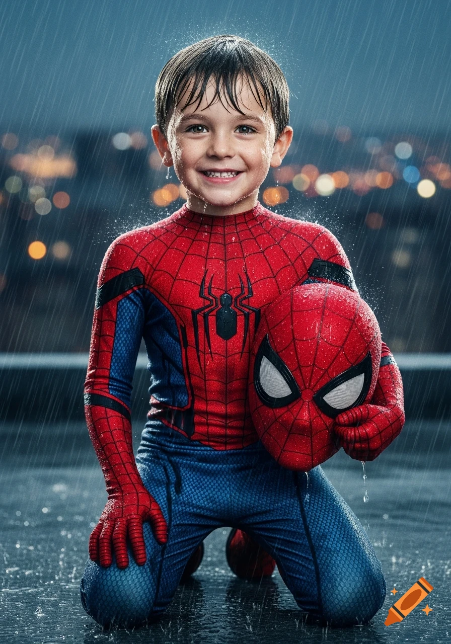Photorealistic image of a smiling young boy in a Spider-Man costume, kneeling on a wet city rooftop in the rain, holding his mask.
