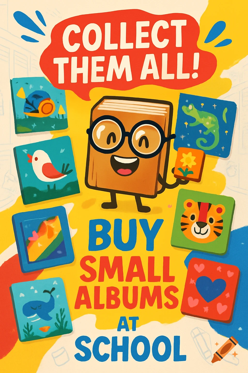 Vibrant cartoon poster showing a smiling book character with glasses, surrounded by animal and nature-themed collectible tiles. Text: COLLECT THEM ALL! BUY SMALL ALBUMS AT SCHOOL.
