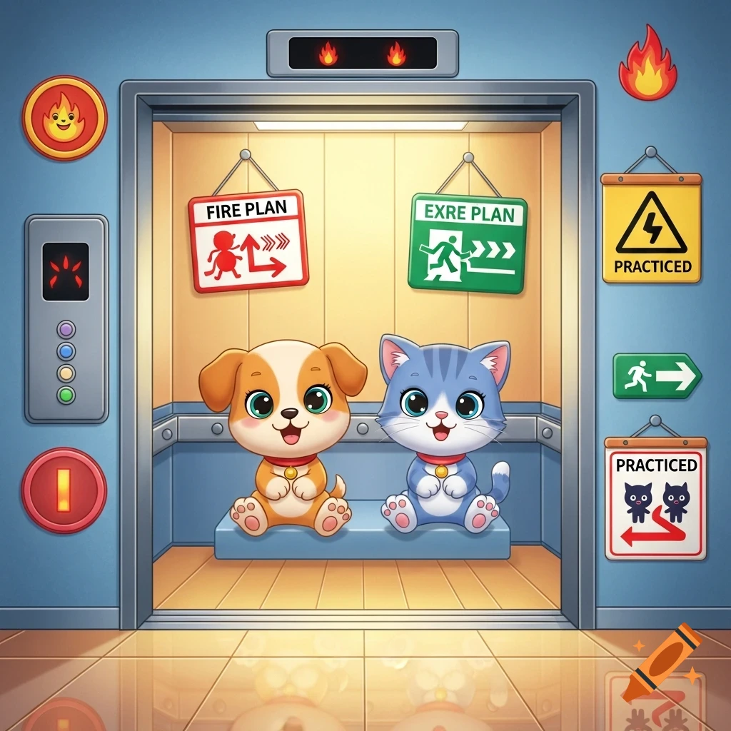 A cute cartoon dog and cat sit in an elevator with fire and exit signs, for a fire safety activity.