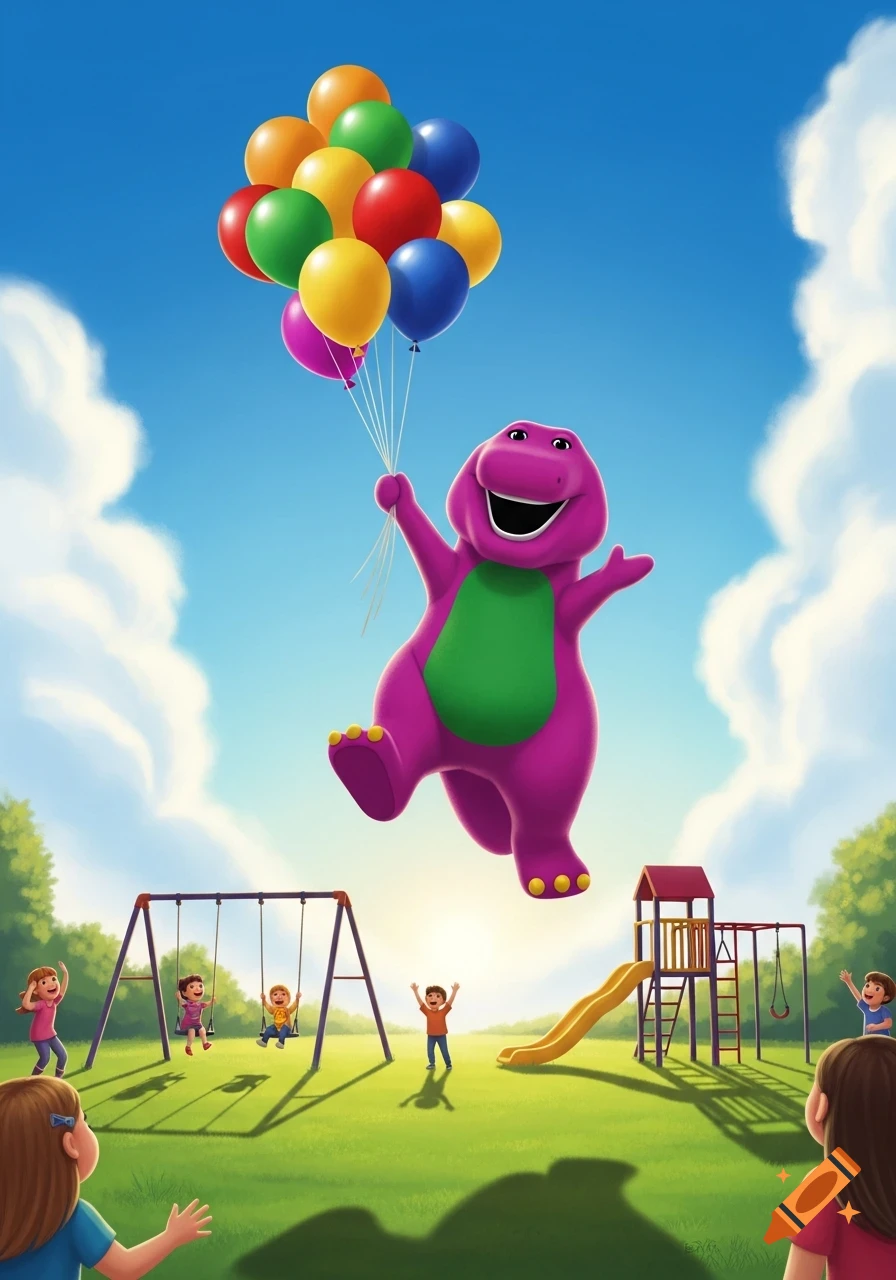 Barney the purple dinosaur floats above a sunny playground holding colorful balloons, with children playing below.