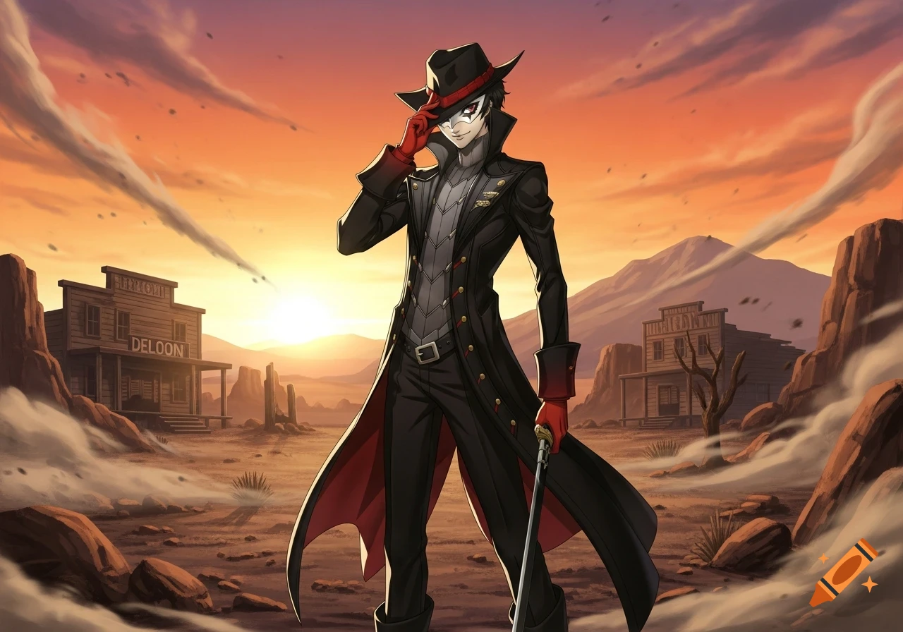 An anime character resembling Joker from Persona 5, dressed as a cowboy bandit in a black coat and red gloves, tips his hat in a desert town at sunset.