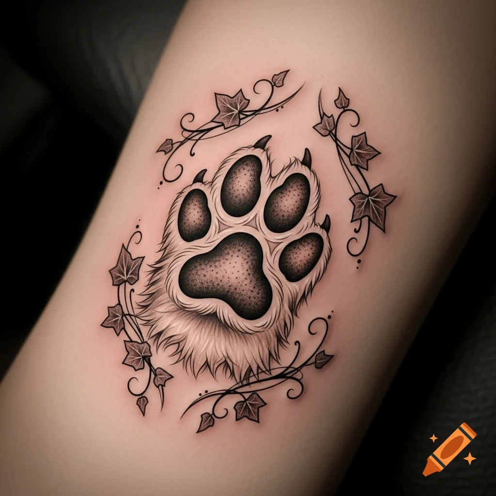 A detailed tattoo of a furry paw print surrounded by leafy ivy vines on skin, rendered in black and white with speckle shading.