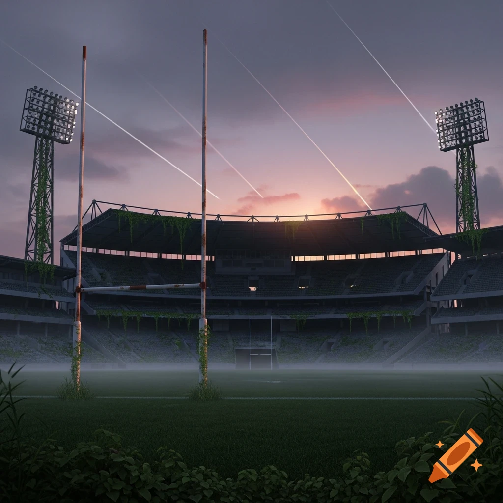 An abandoned AFL stadium at dusk, with overgrown vines on the stands and mist covering the green field, under a purple-orange sky.
