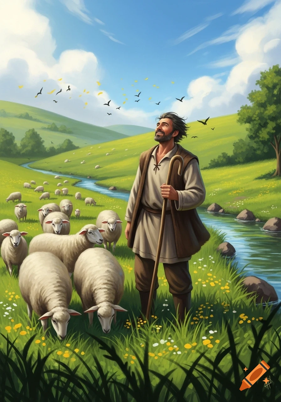 A smiling shepherd in a lush green valley looks skyward, holding a staff, while a flock of sheep graze near a winding stream.