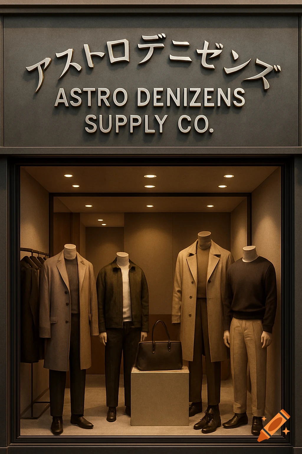 A modern storefront for "Astro Denizens Supply Co." with a display window showing four mannequins dressed in contemporary menswear and a handbag.