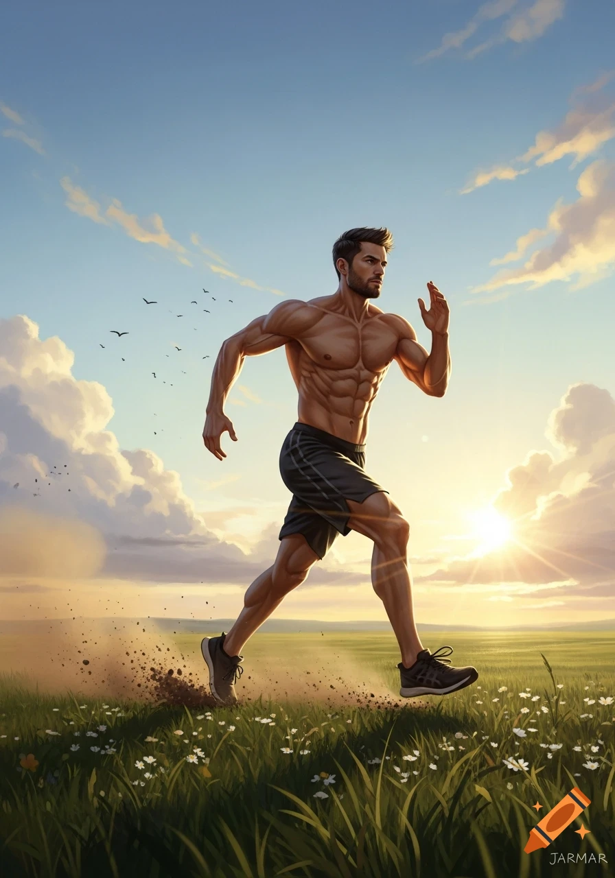 A muscular man runs shirtless through a grassy field at sunset, kicking up dirt, with birds flying in the sky.