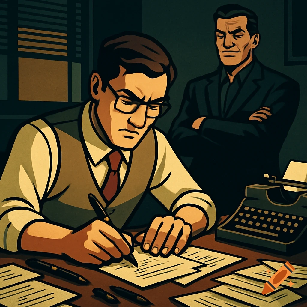 Stylized illustration of a stern man writing at a desk, while another man calmly observes him in a dim office.