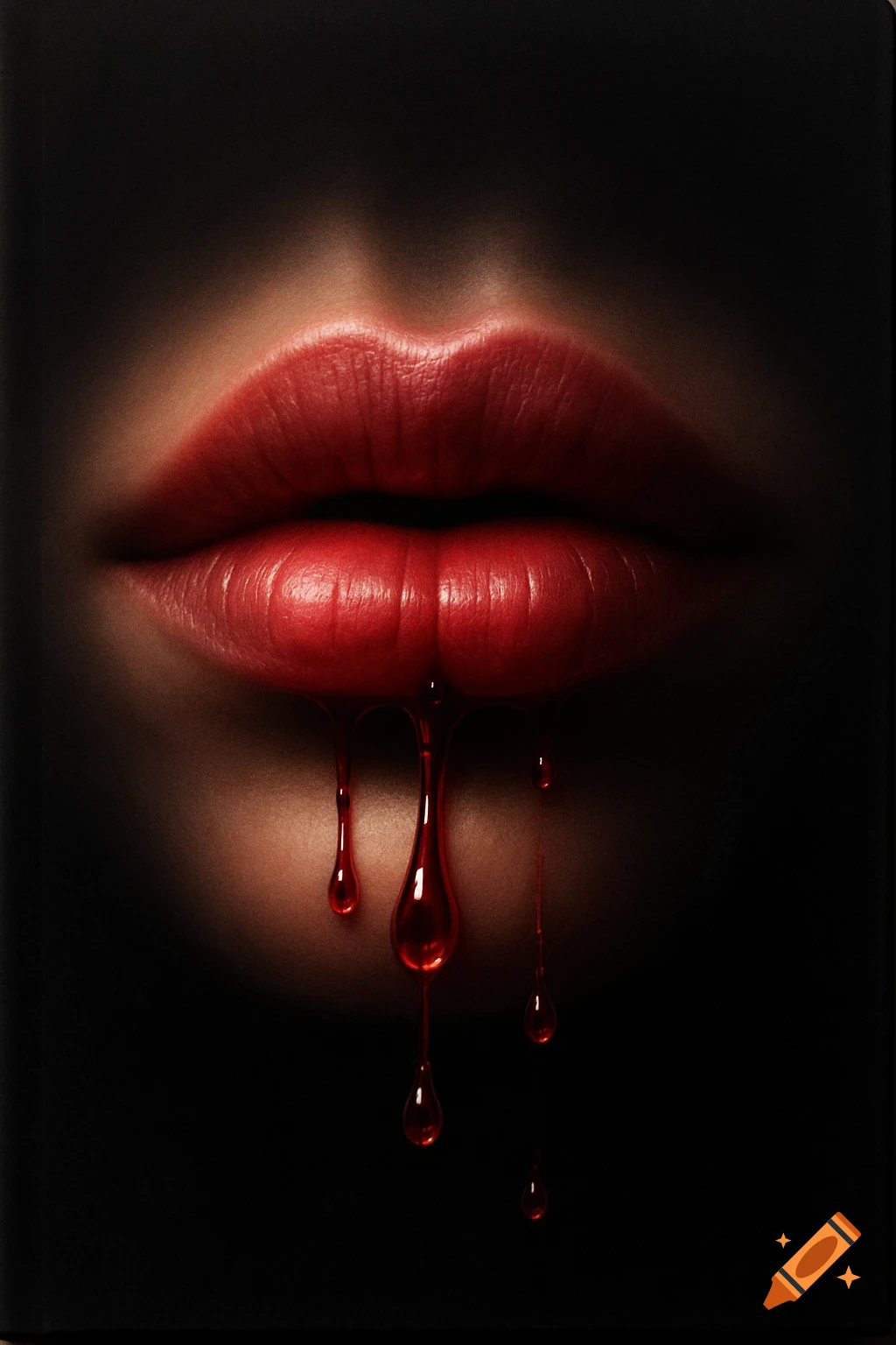 Close-up of realistic red lips with shiny red liquid dripping down onto a dark background, in a dramatic style.