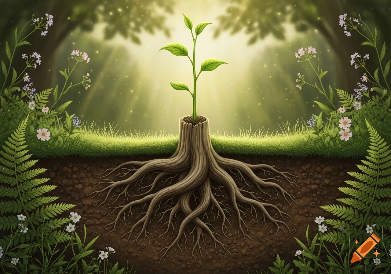 A vibrant green sprout grows from a tree stump with detailed roots underground, surrounded by a glowing forest and wildflowers.