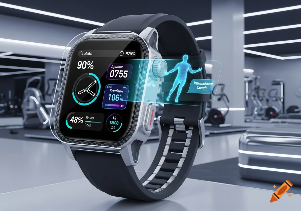 A close-up of a sleek smartwatch displaying fitness data and a holographic human figure in a modern gym setting.