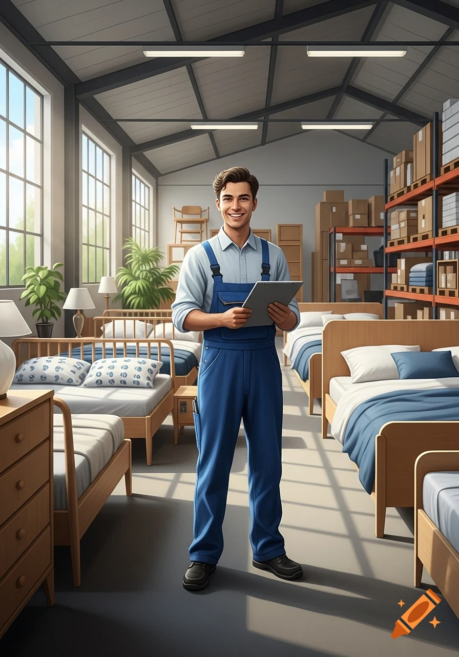 A happy young man in blue overalls holds a clipboard, smiling in a large warehouse with beds and storage shelves.