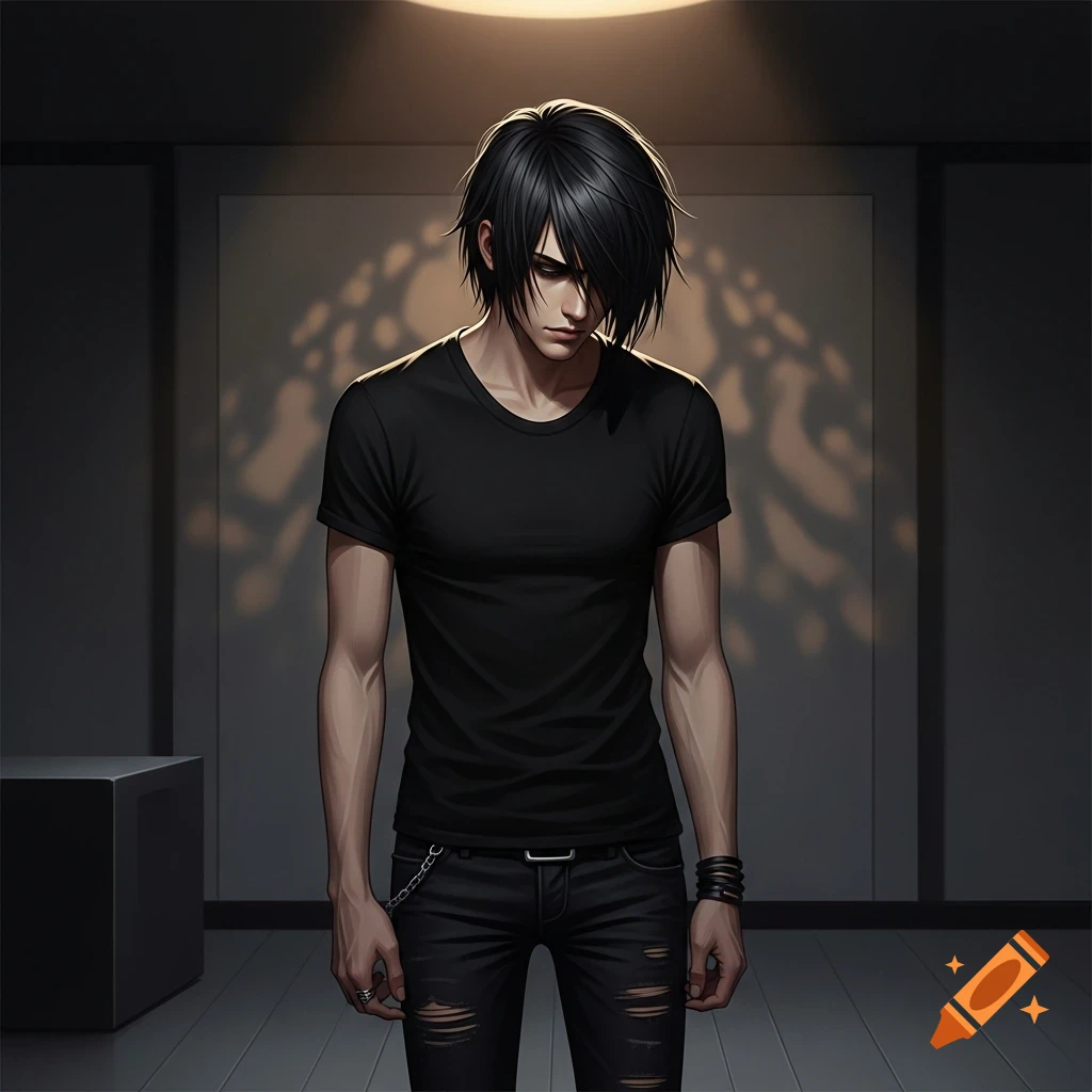 An emo man with shaggy black hair in a black t-shirt and ripped jeans stands in a dimly lit anime-style room.