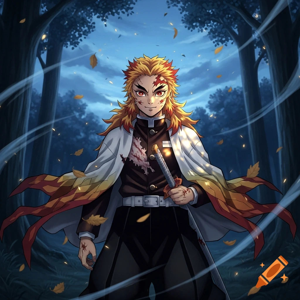 Anime male with spiky red/yellow hair, red eyes, in a blood-stained ...