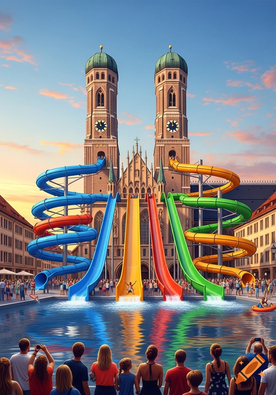 A vibrant water park with colorful slides set in front of the Frauenkirche towers in a bustling city square, with people watching from the foreground.