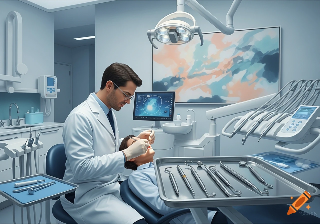 A male dentist in a white coat and gloves examines a patient in a modern, light blue dental office, with dental tools on a tray in the foreground.