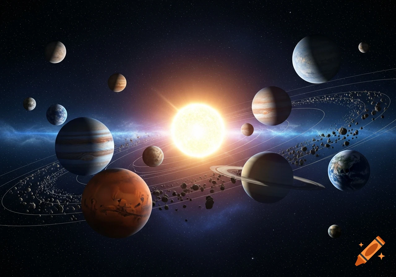 A bright sun at the center of a solar system with numerous planets and asteroid belts orbiting it in a deep blue starry space.