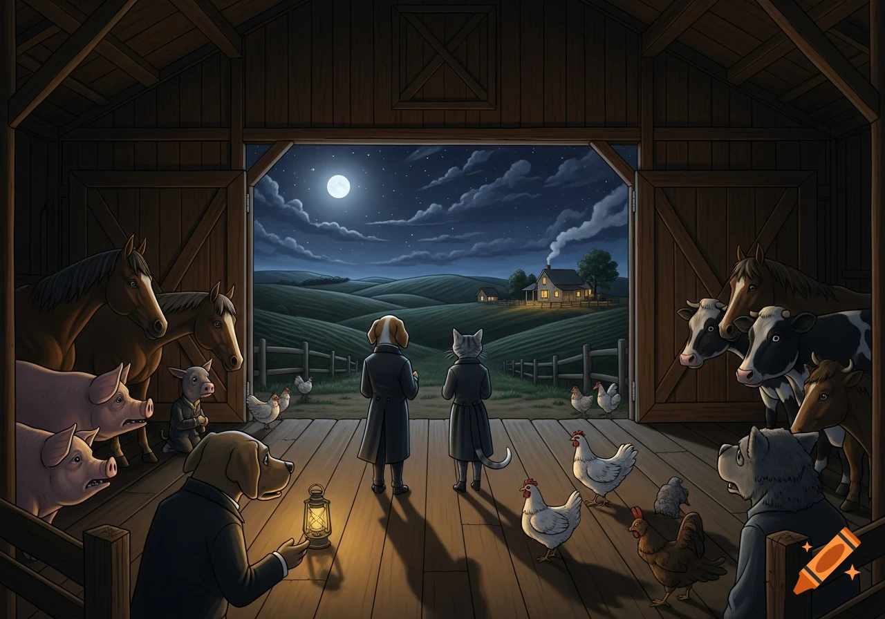 Anthropomorphic dog and cat, flanked by other farm animals, look out from a dark barn at a moonlit prairie and distant farmhouse.