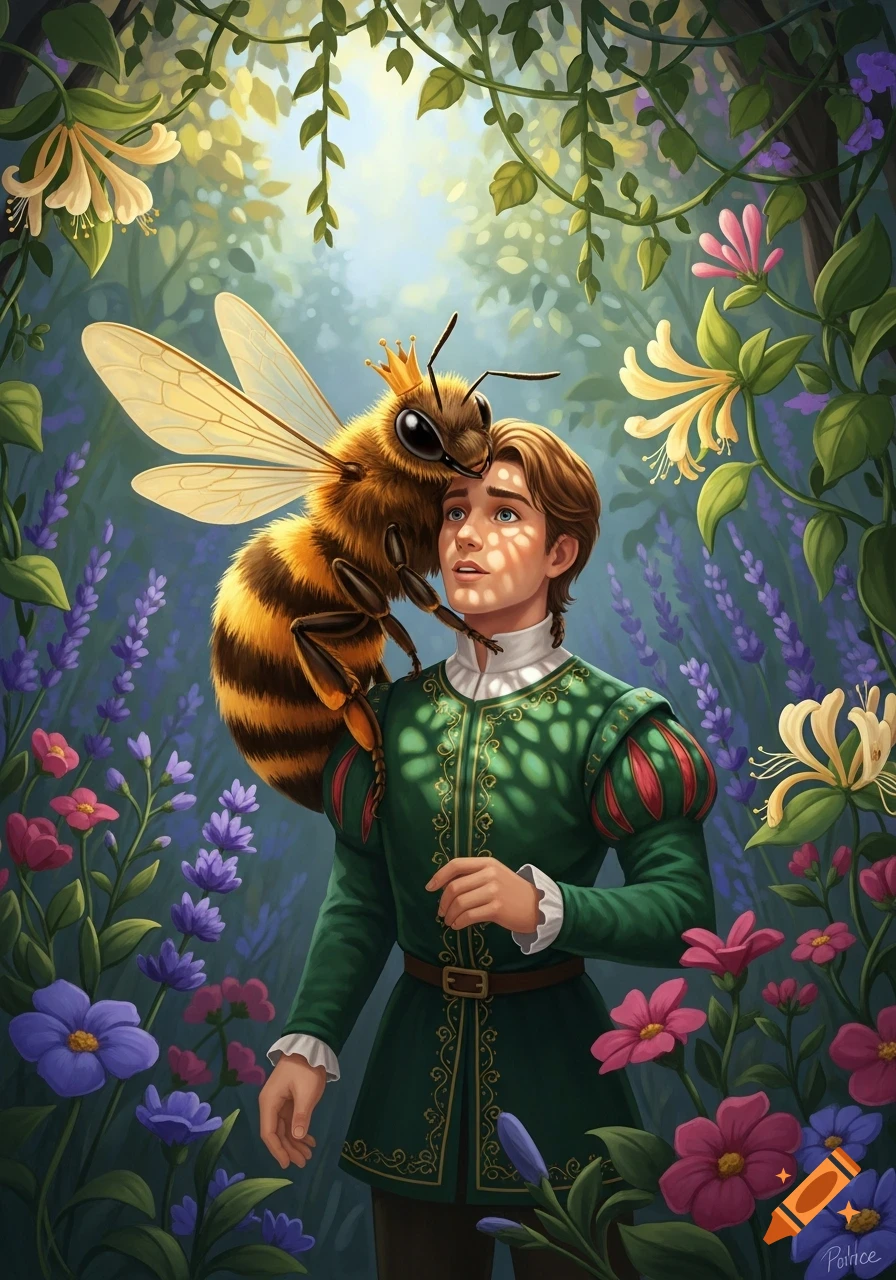 A young prince looks up in a magical forest as a large, crowned bee rests on his shoulder amidst colorful flowers and vines.