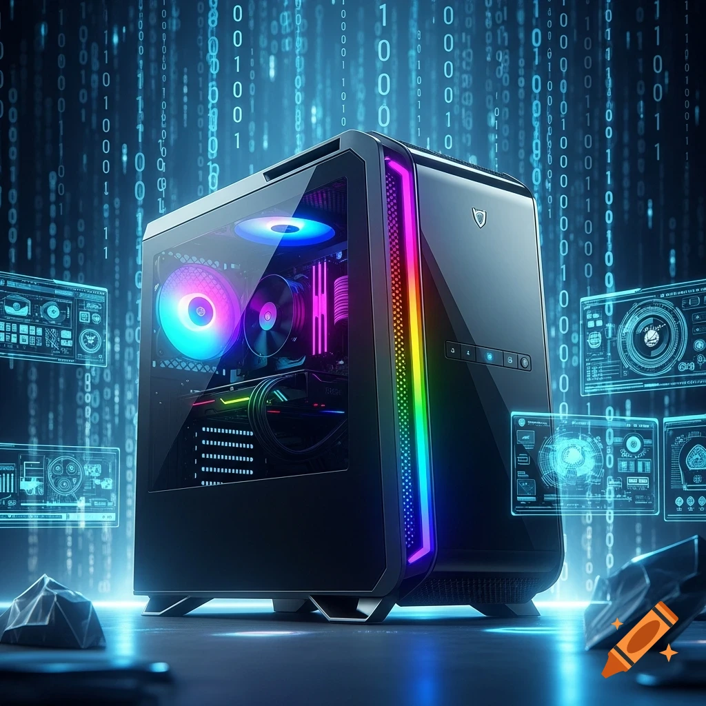 A sleek black gaming PC with RGB lighting stands on a reflective surface against a dark background with blue falling binary code and holographic UI elements.